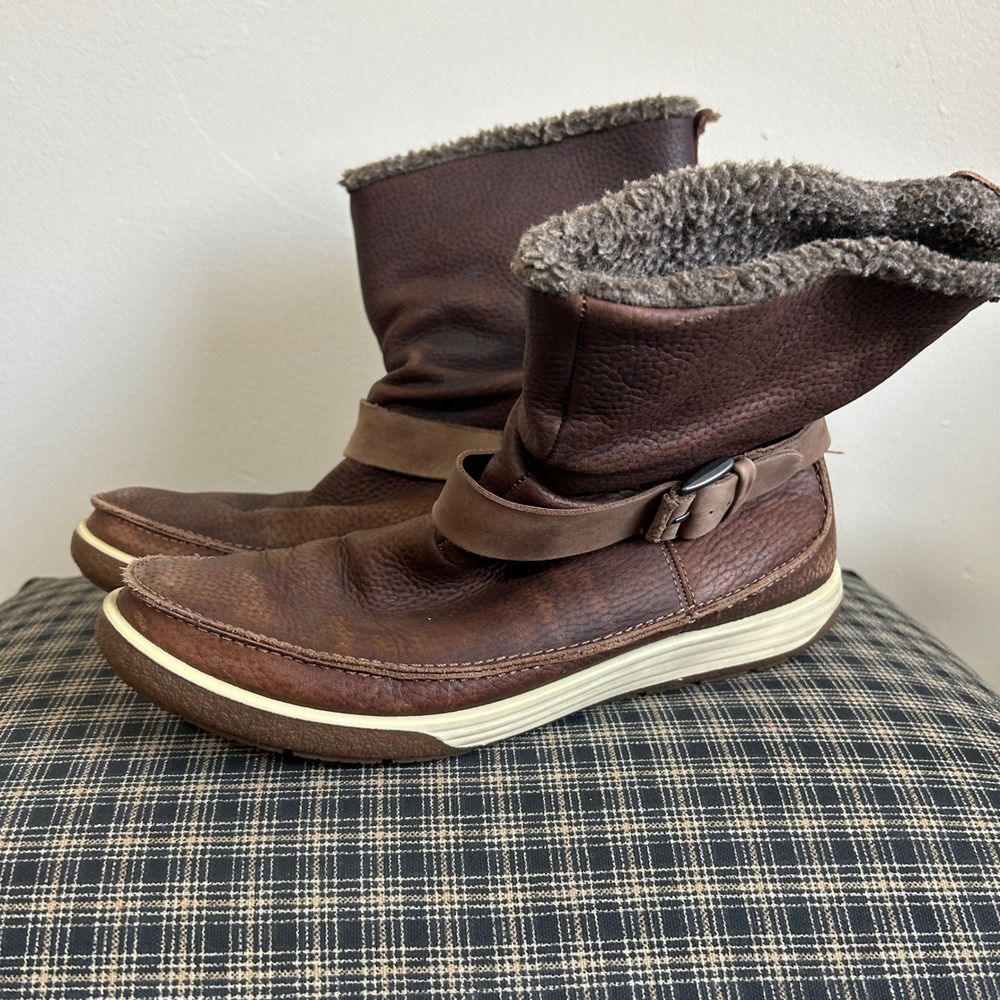 GUC ECCO Ankle Boots Gore-Tex Waterproof Size 40 Brown Faux Fur Buckle Strap
